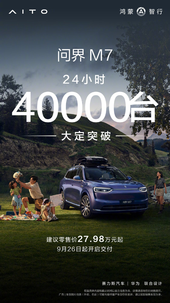 全新问界M7上市24小时大定突破4万份 支持华为ADS 4 全新问界M7上市24小时大定突破4万份 支持华为ADS 4